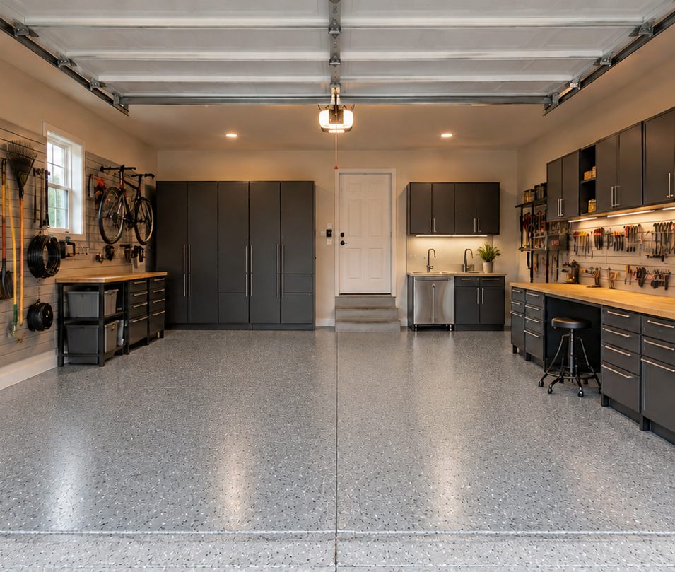 Design concept showing the same garage with cabinetry, a workbench, tool wall, and a coated floor
