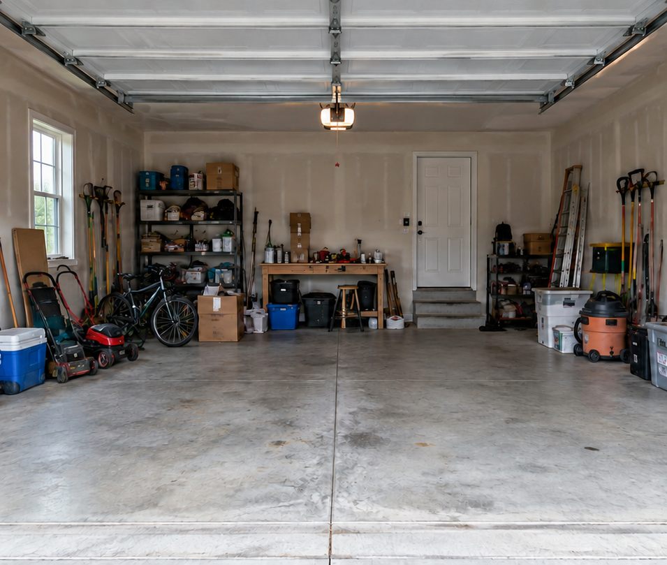 A cluttered garage with belongings stacked along the walls