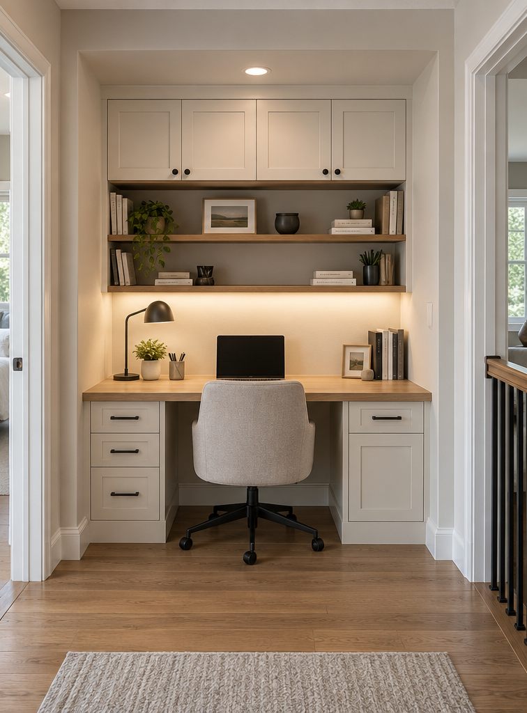 Design concept showing the same nook fitted with a built-in desk, drawers, lit shelving, and upper cabinets