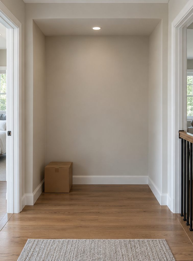 An empty hallway nook with bare walls and a cardboard box on the floor